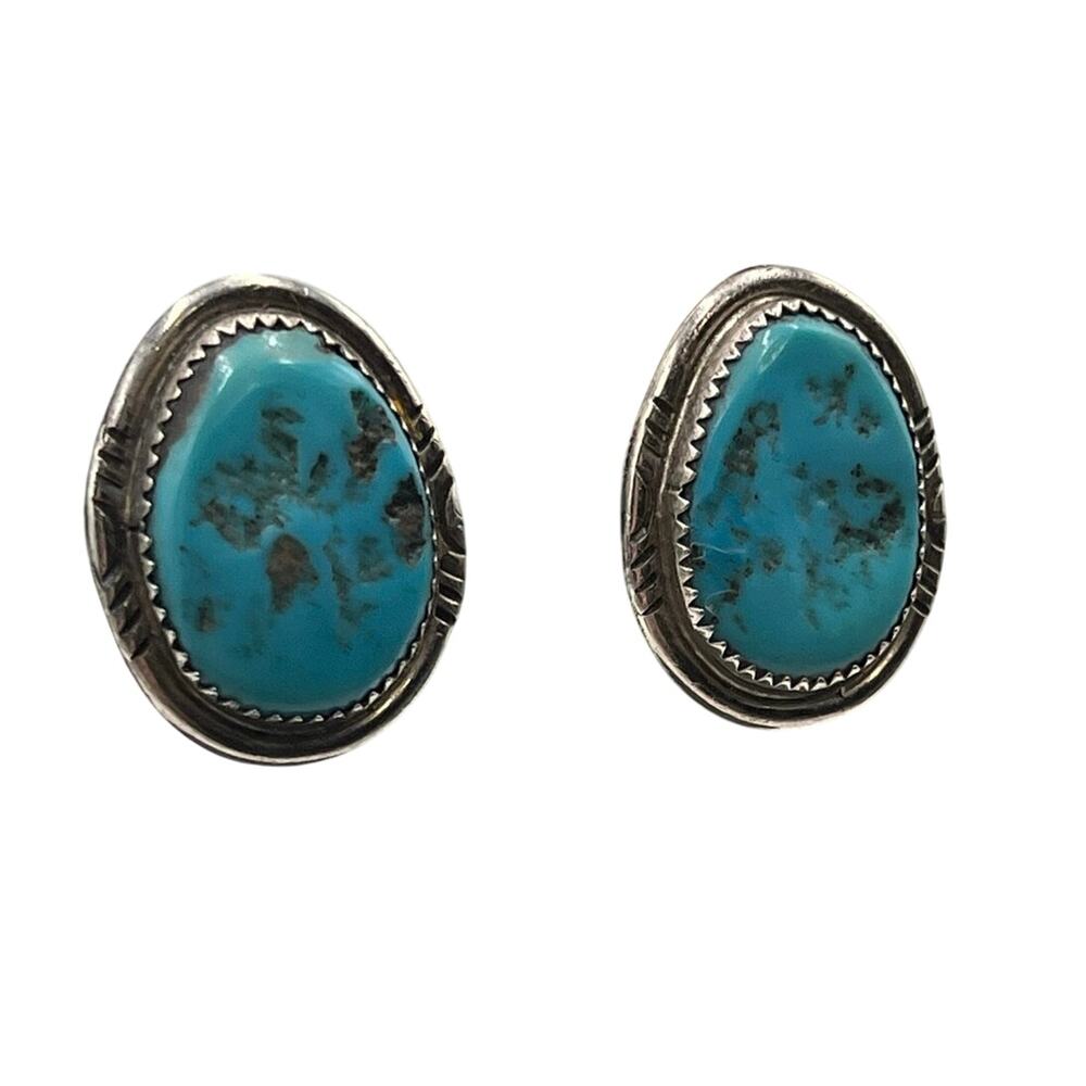 Vintage Navajo Sterling Kingman Pyrite‎ Turquoise Artist Signed GD Clip Earrings
